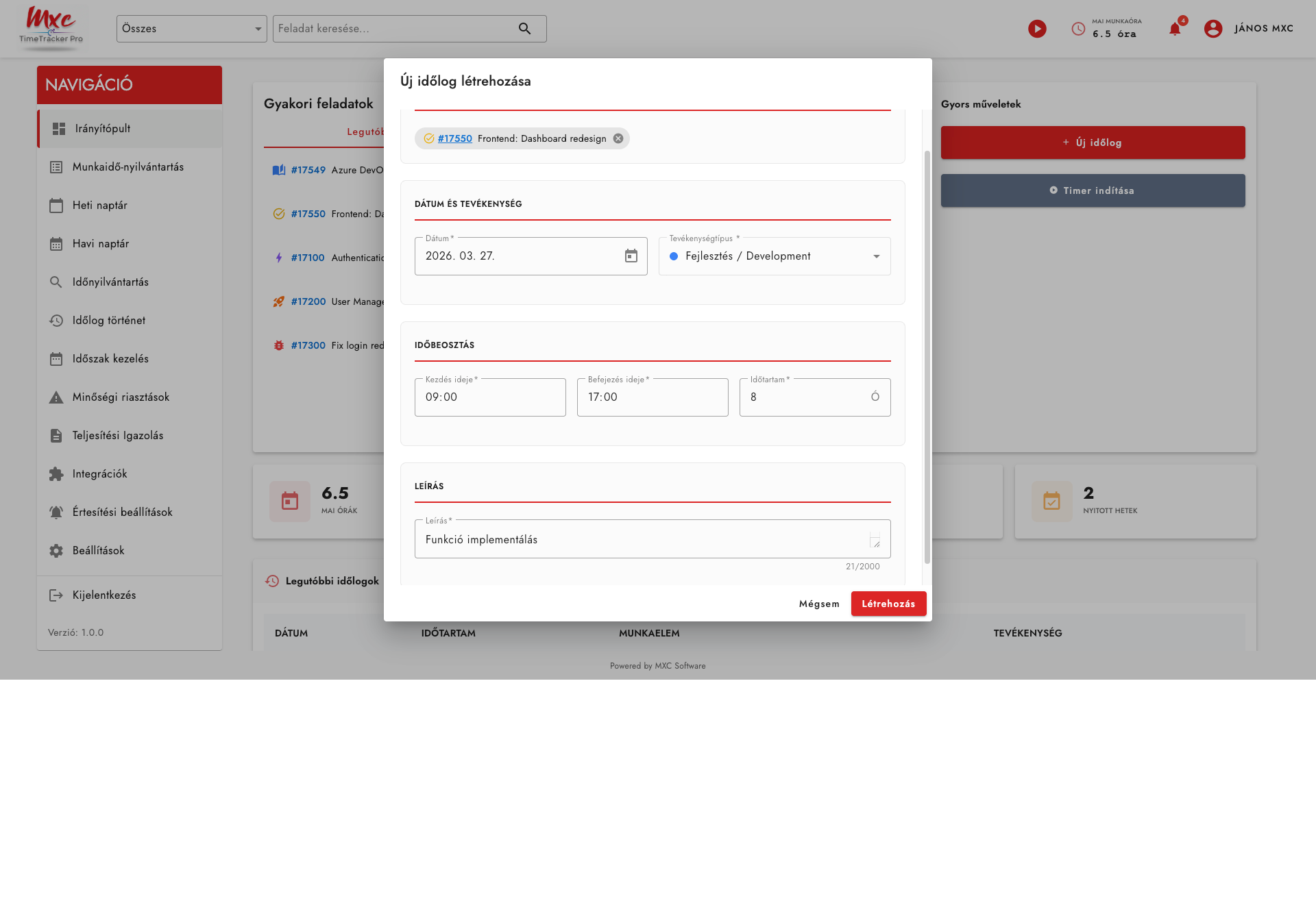 Időbejegyzés rögzítése